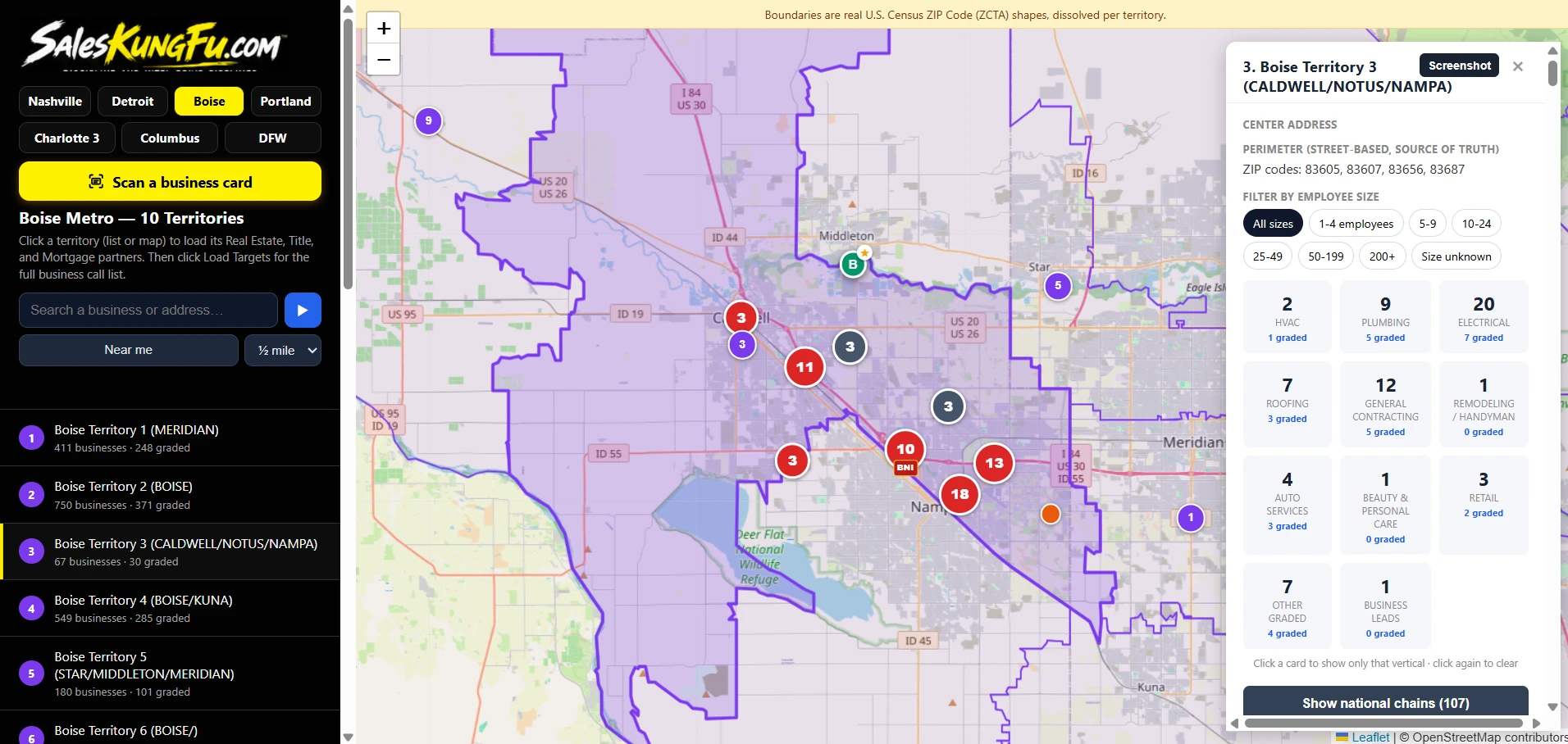 Territory detail showing local business categories and counts