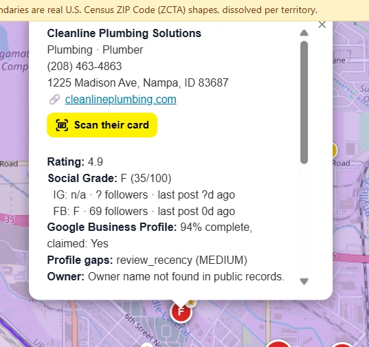 Cleanline Plumbing Solutions business profile with social grade F and Google Business Profile details