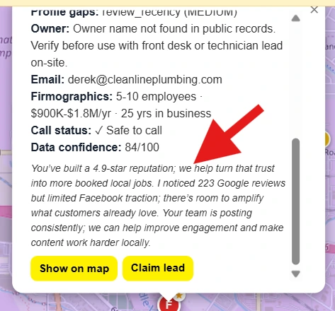 AI-suggested business-specific sales conversation and Claim Lead button