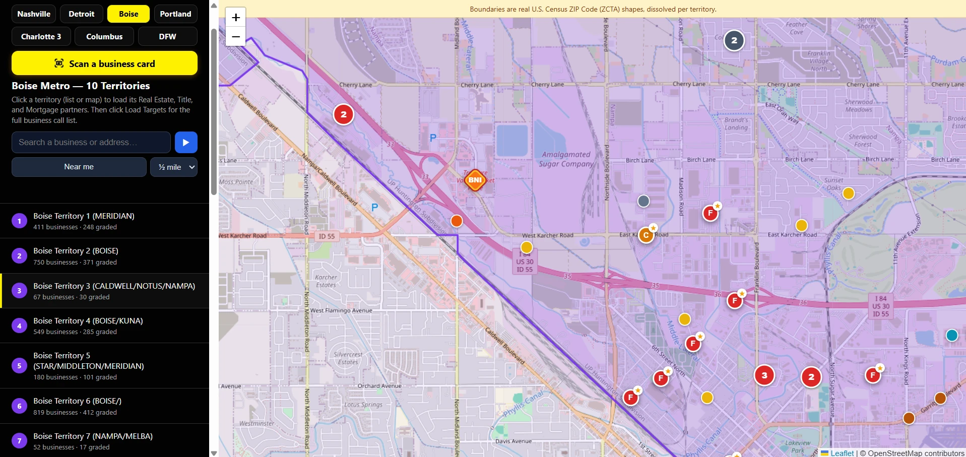 Map with F-graded business pins